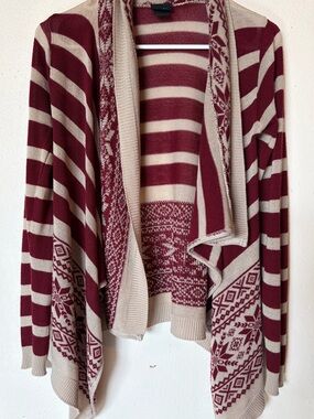 Rue21 Fair Isle Snowflake Waterfall Cardigan Sweater Burgundy Beige M